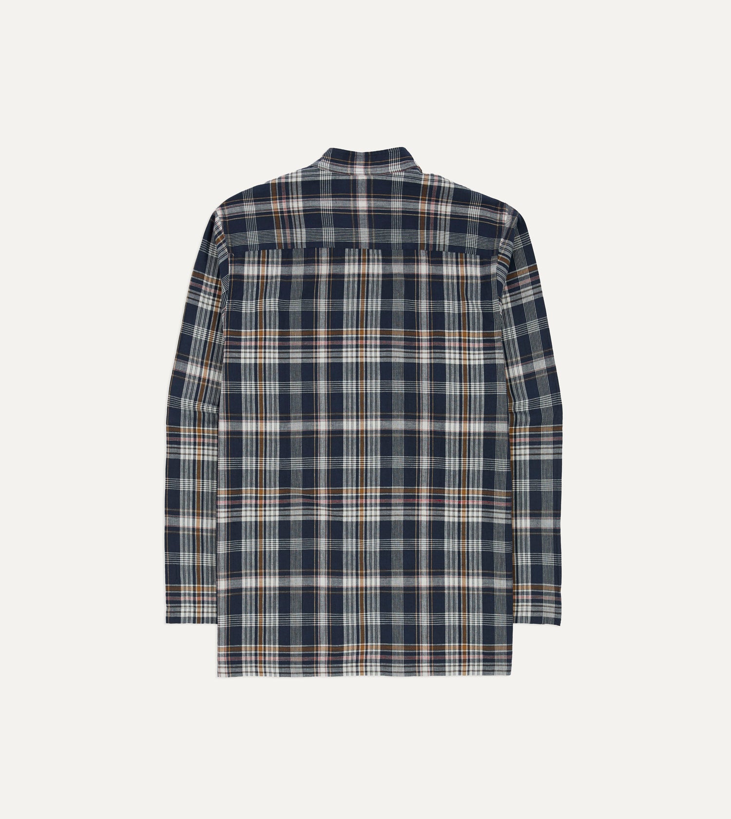 Navy, White and Yellow Madras Check Cotton Mandarin Collar Popover Shirt