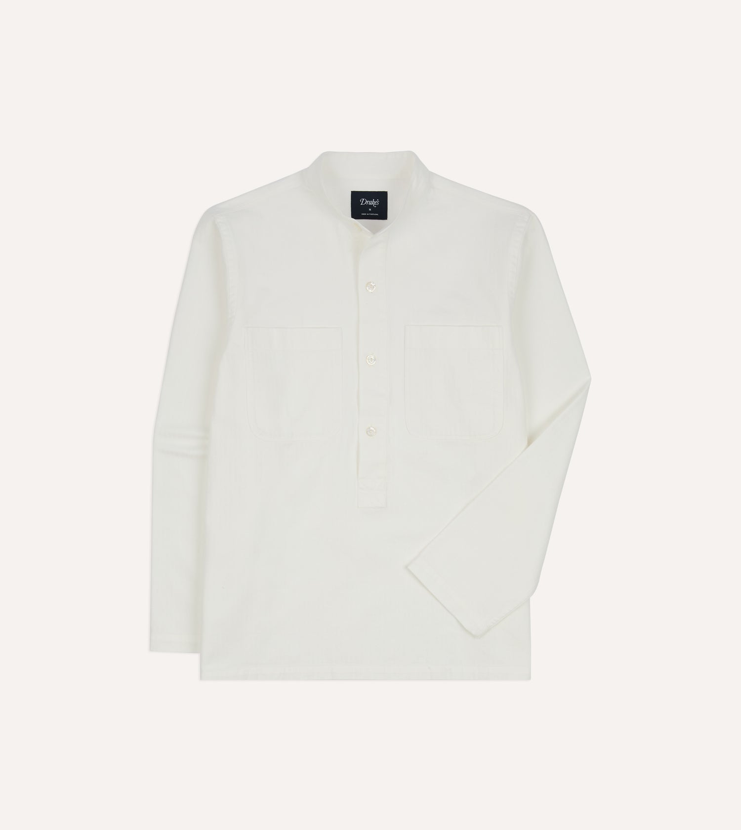 White Herringbone Cotton Mandarin Collar Popover Shirt