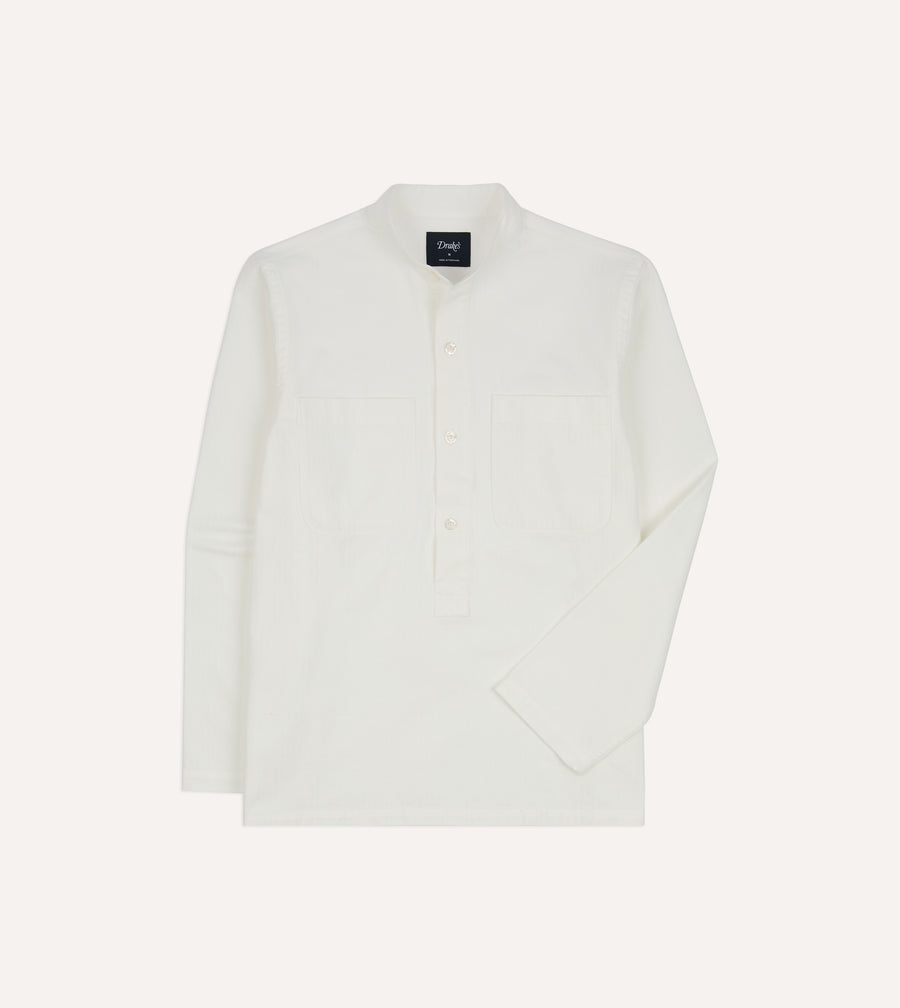 White Herringbone Cotton Mandarin Collar Popover Shirt