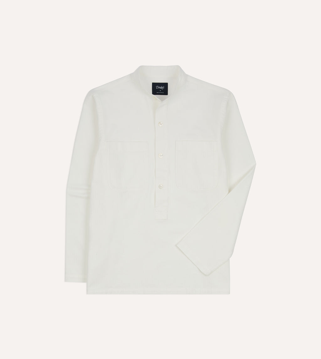 White Herringbone Cotton Mandarin Collar Popover Shirt – Drakes US