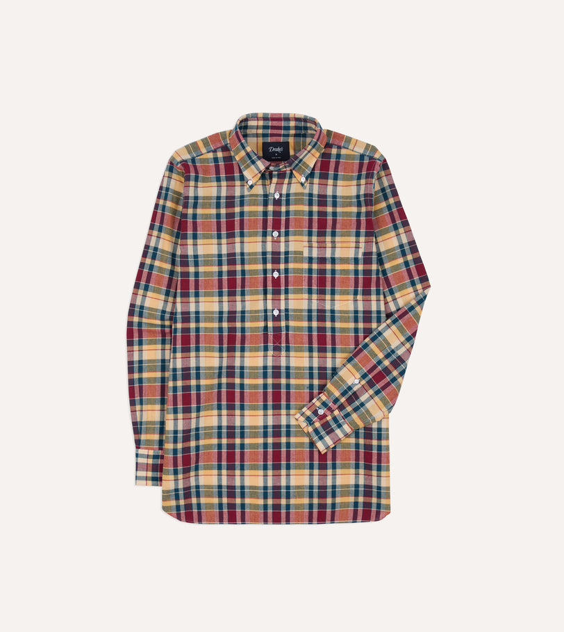 Navy, Yellow and Red Madras Check Cotton Button-Down Popover Shirt