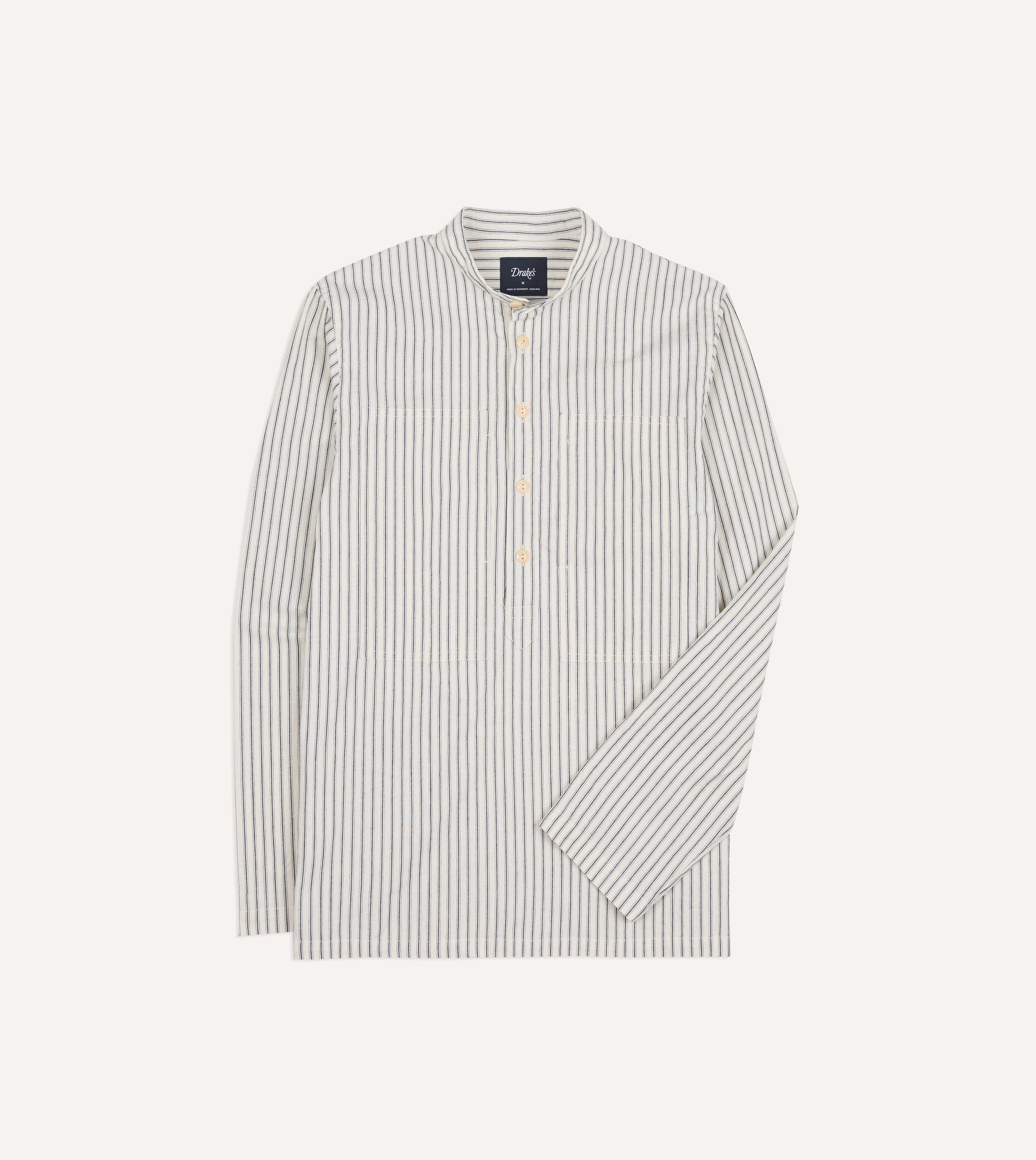Indigo Stripe Cotton Mandarin Collar Popover Shirt – Drakes US
