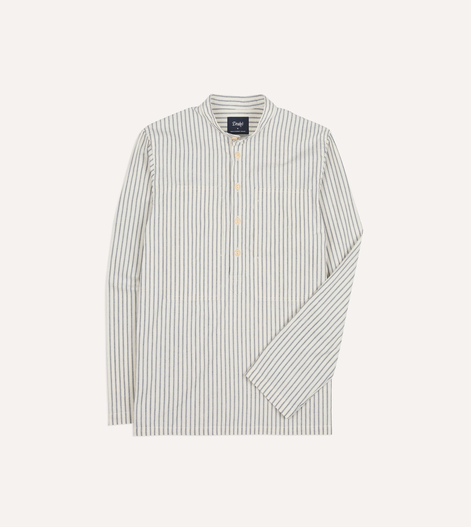 Indigo Stripe Cotton Mandarin Collar Popover Shirt
