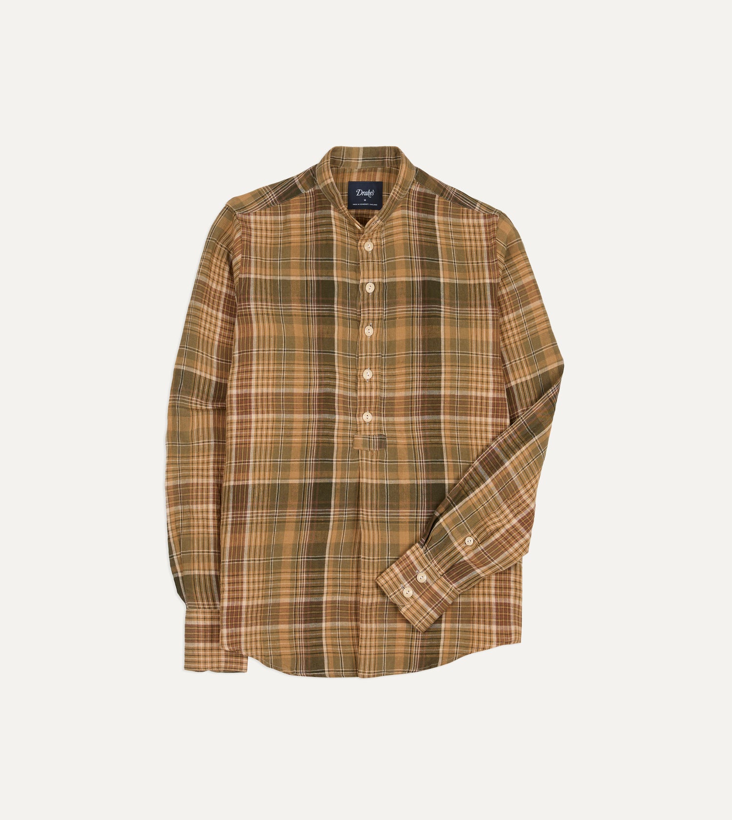 Brown Check Linen Mandarin Collar Popover Shirt