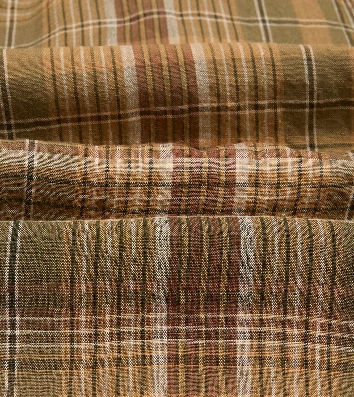 Brown Check Linen Mandarin Collar Popover Shirt