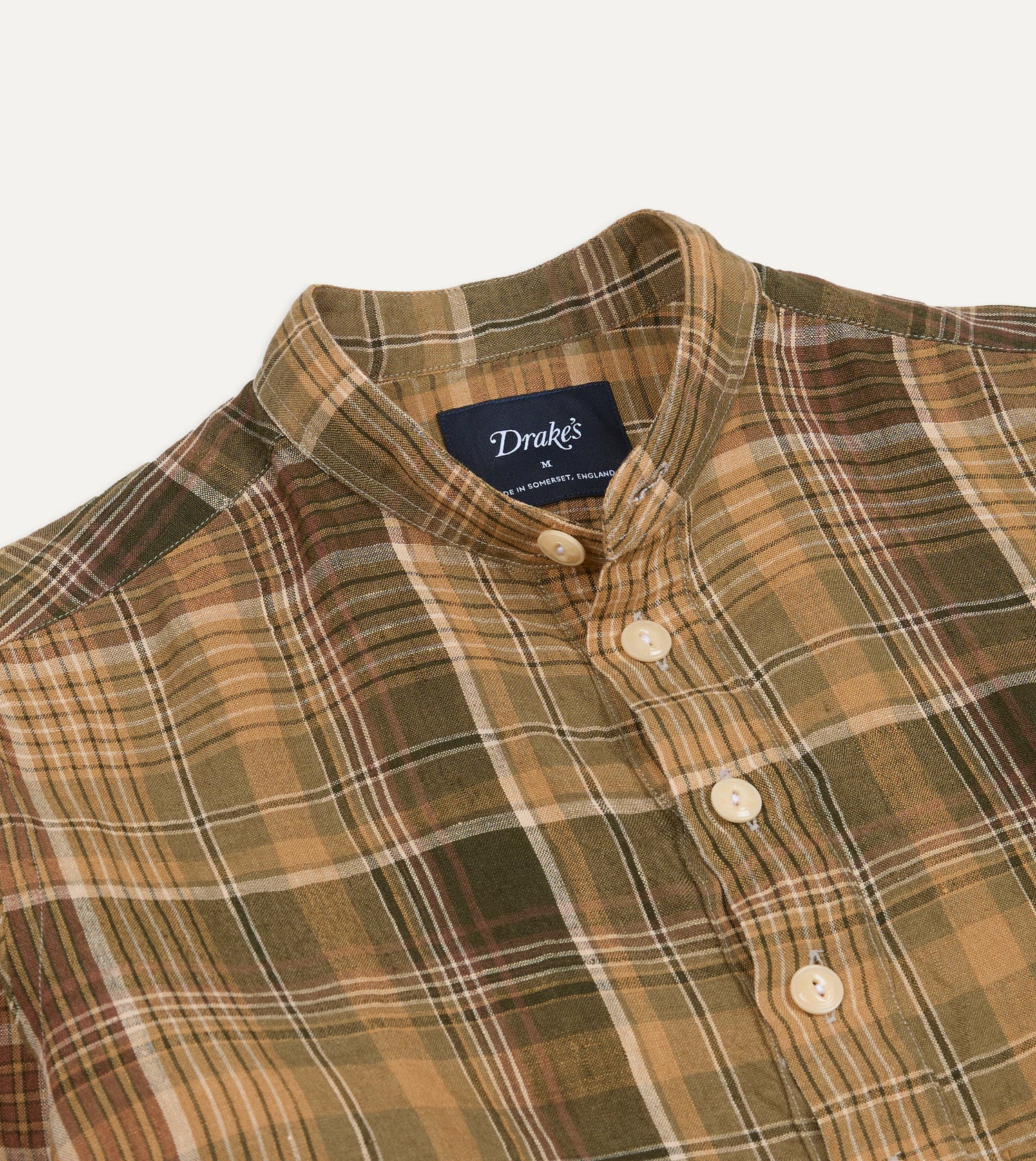Brown Check Linen Mandarin Collar Popover Shirt