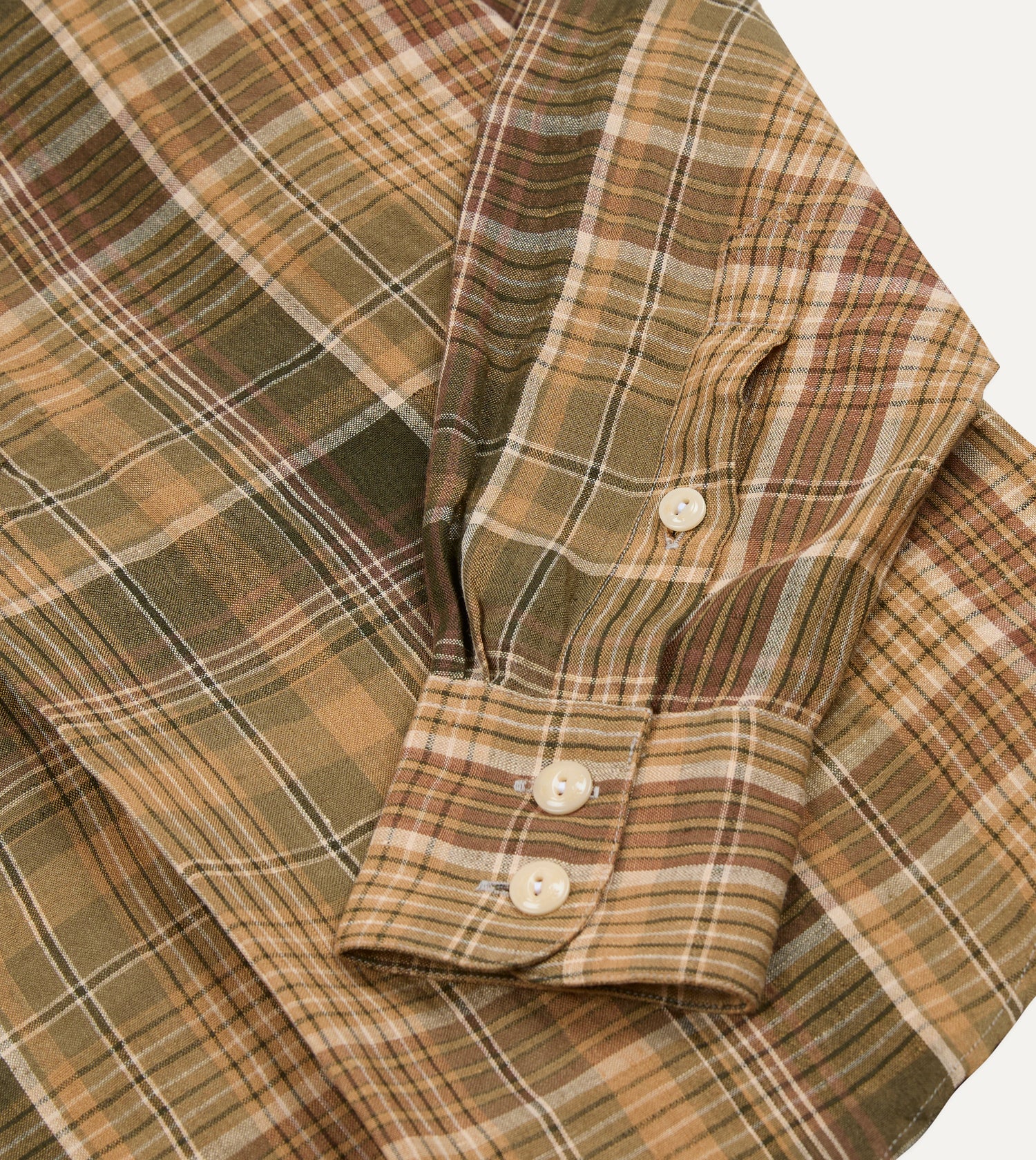 Brown Check Linen Mandarin Collar Popover Shirt