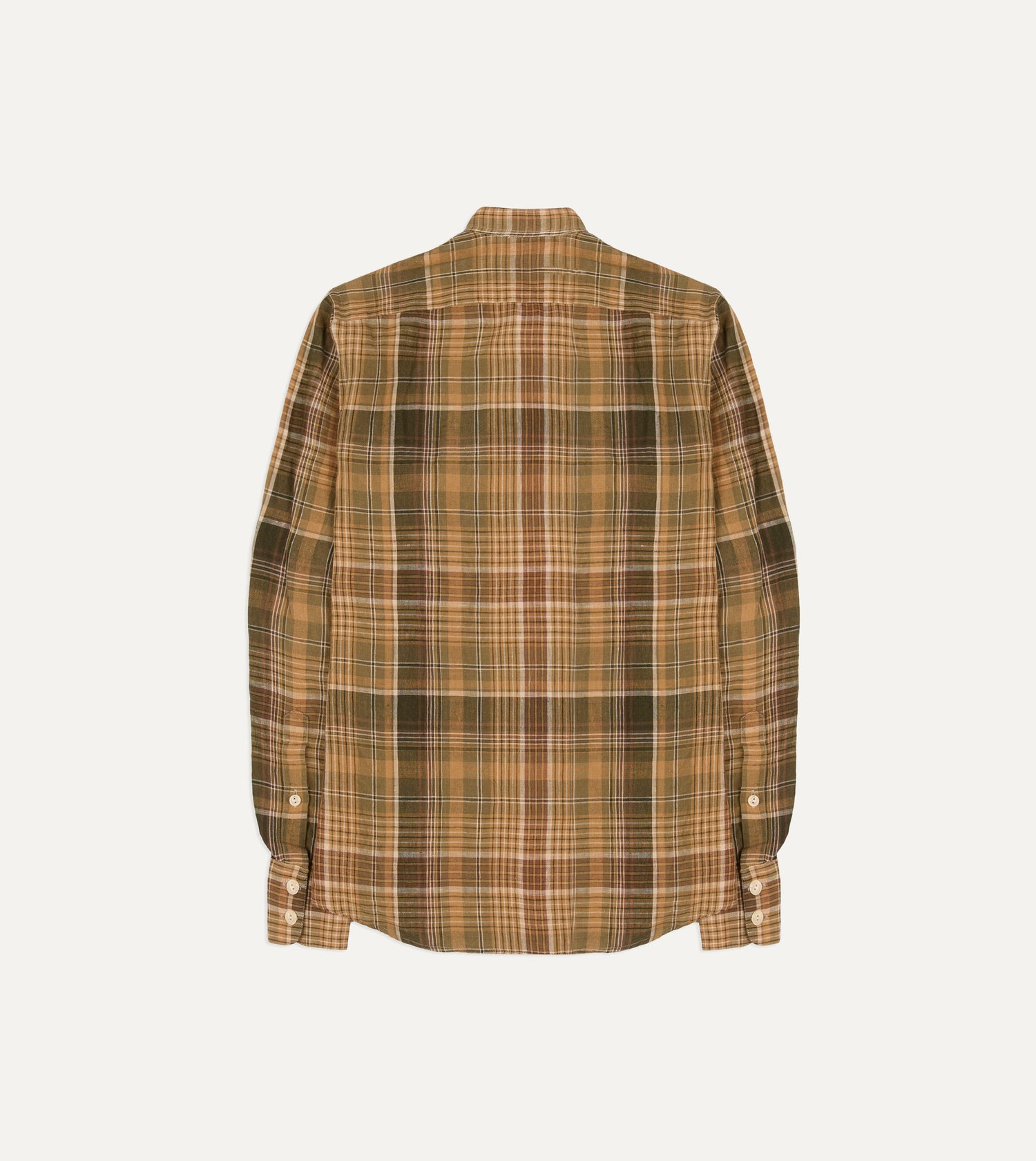 Brown Check Linen Mandarin Collar Popover Shirt