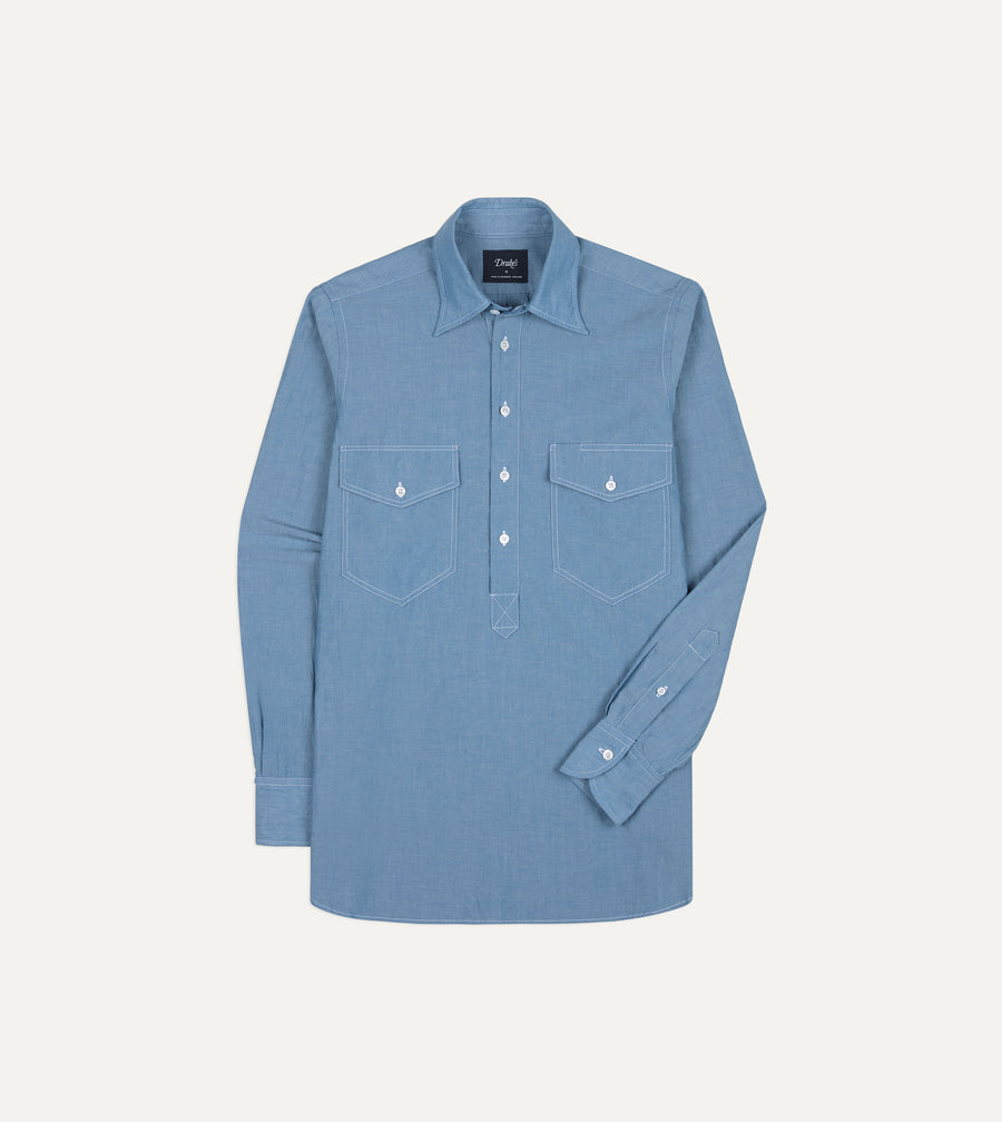 Light Indigo Cotton-Linen Popover Work Shirt