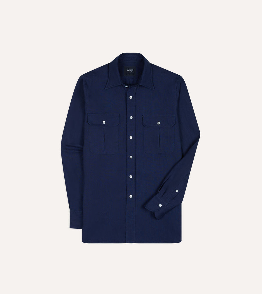 Indigo Linen Two-Pocket Long Point Collar Work Shirt