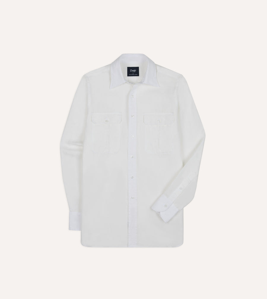 White Linen Two-Pocket Long Point Collar Work Shirt