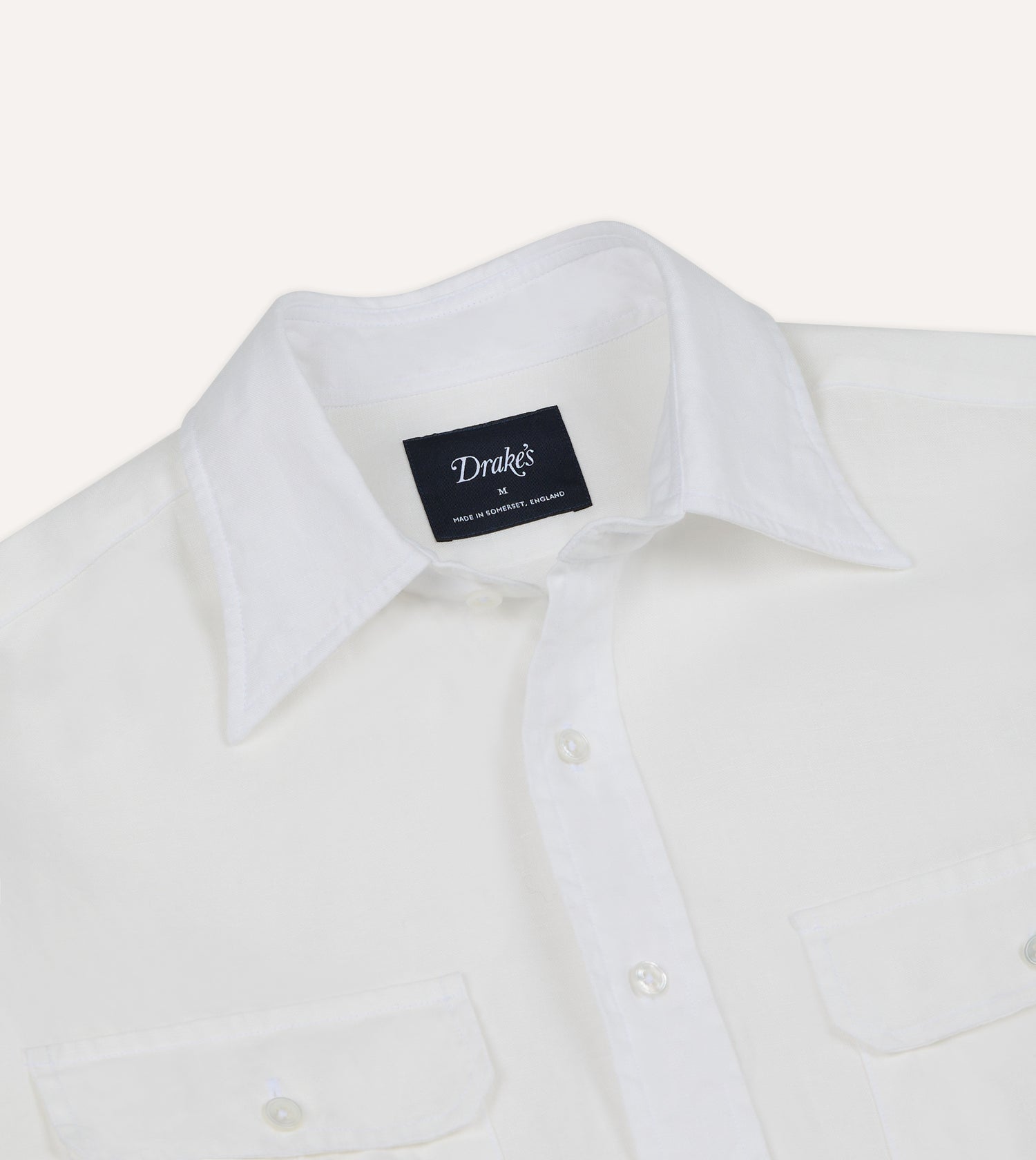 White Linen Two-Pocket Long Point Collar Work Shirt
