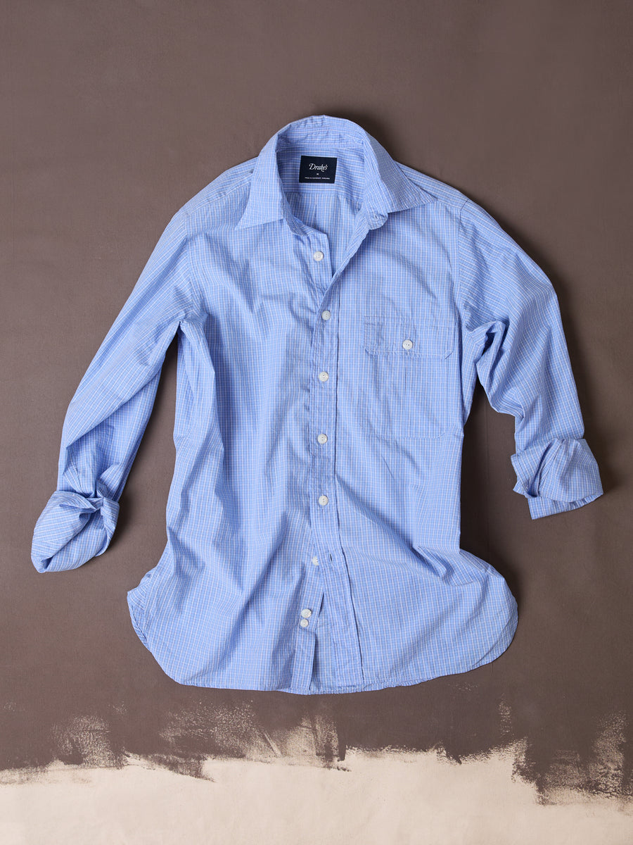 Blue Check Cotton Long Point Collar Shirt