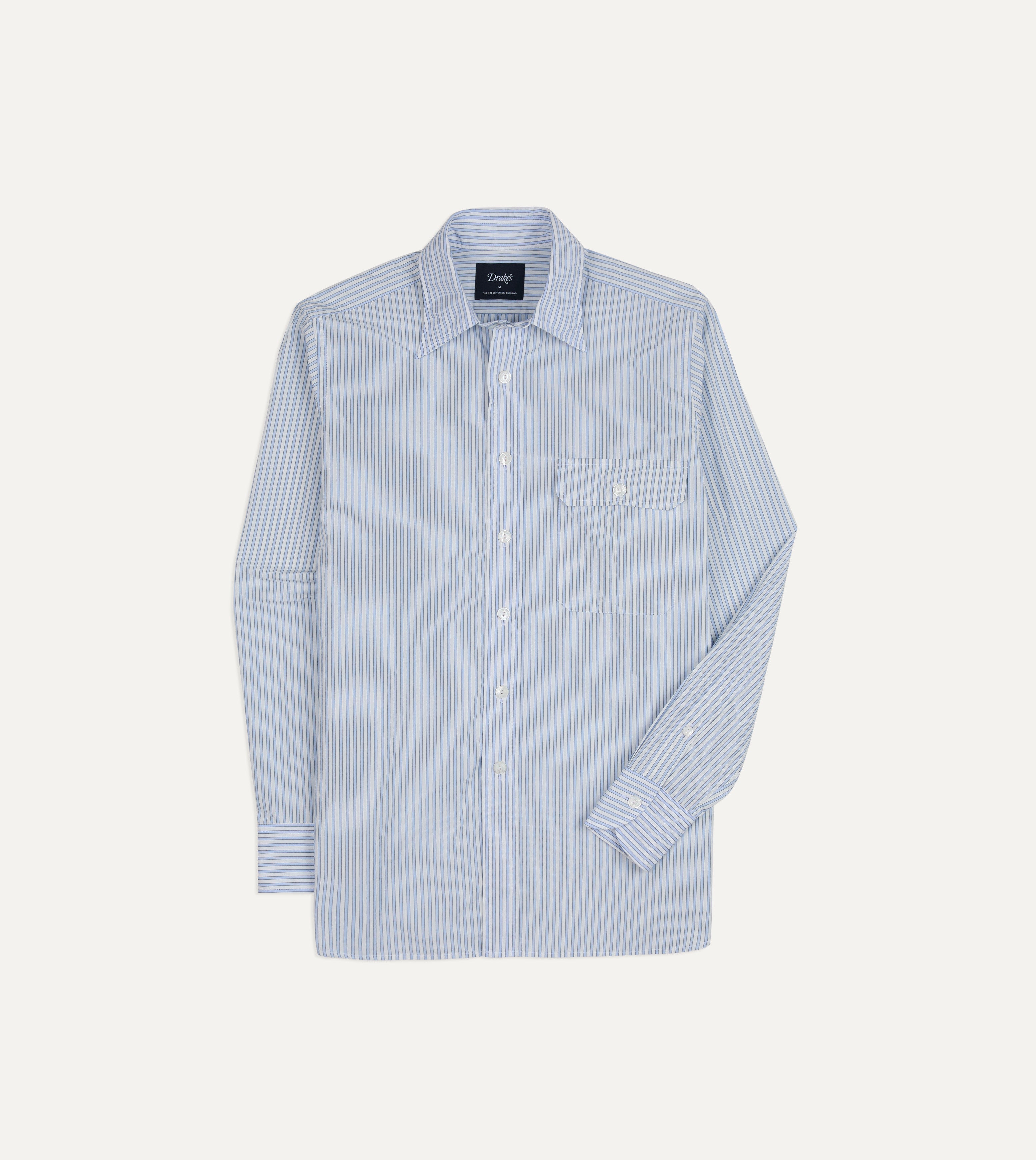 Blue and White Stripe Cotton Long Point Collar Shirt