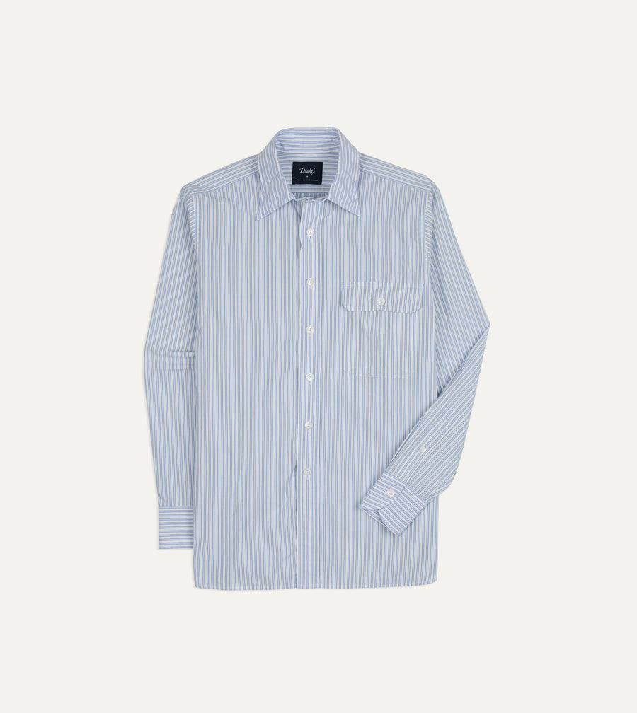 Blue and White Stripe Cotton Long Point Collar Shirt