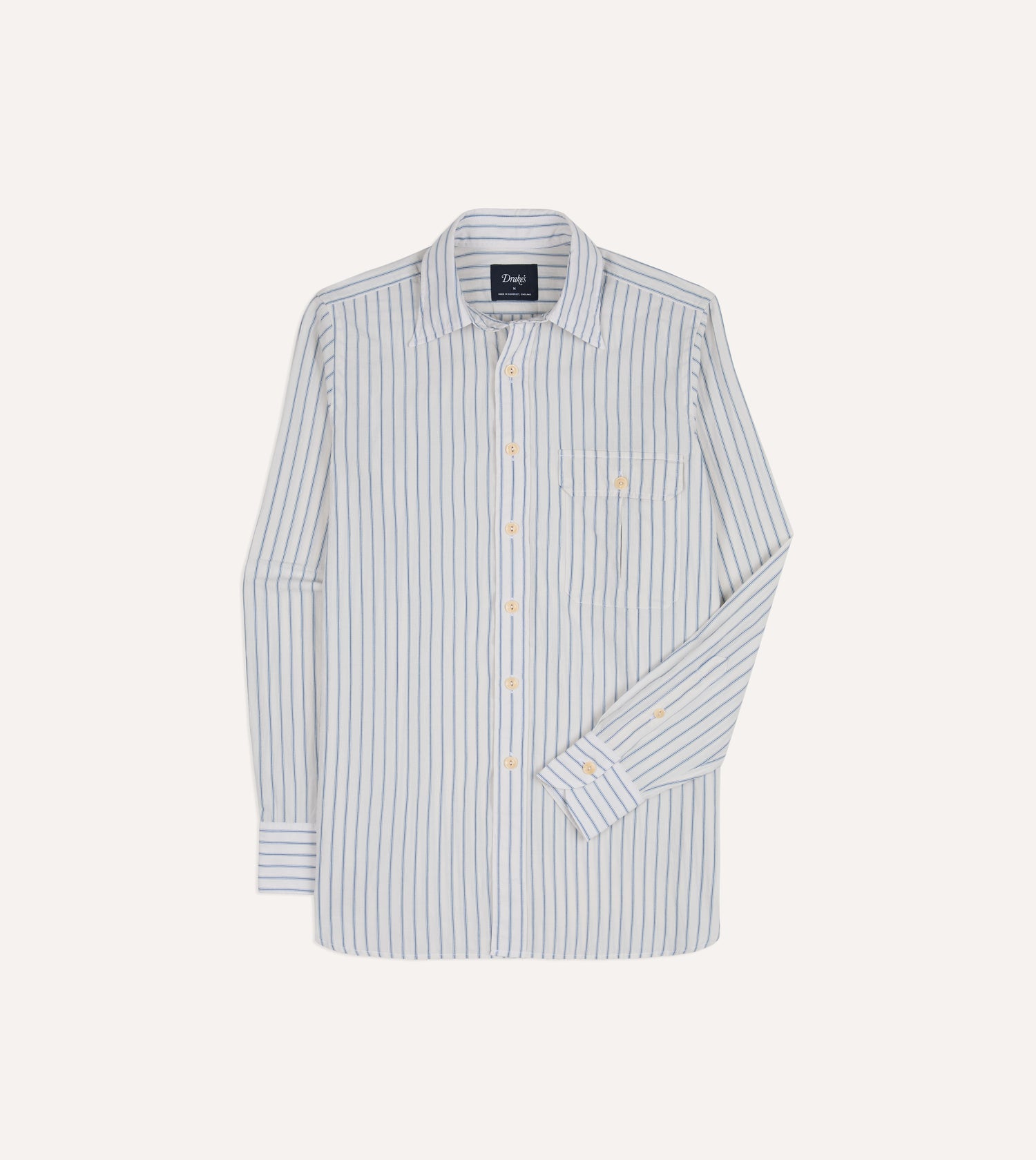 White and Blue Stripe Linen-Cotton Long Point Collar Shirt