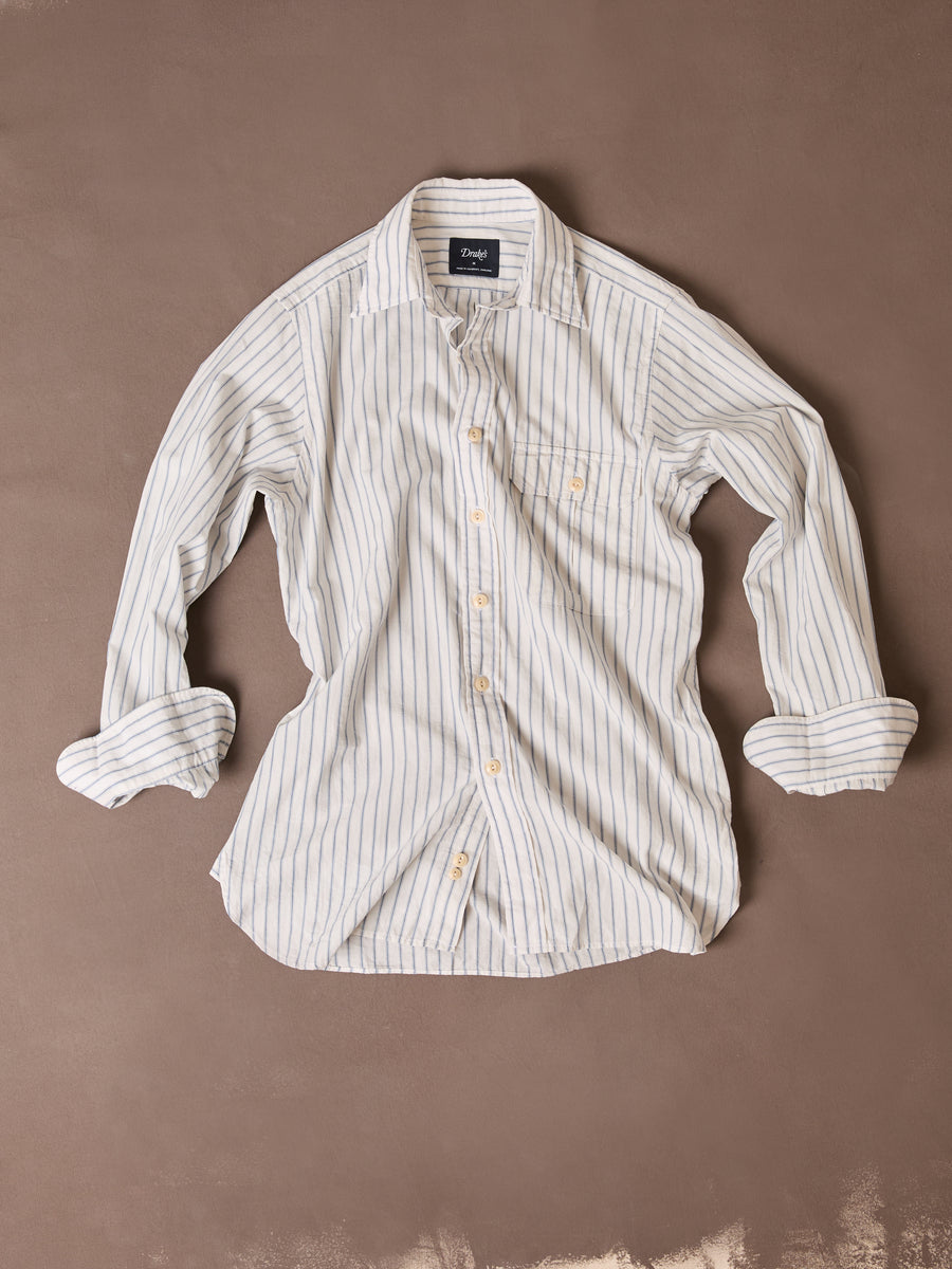 White and Blue Stripe Linen-Cotton Long Point Collar Shirt