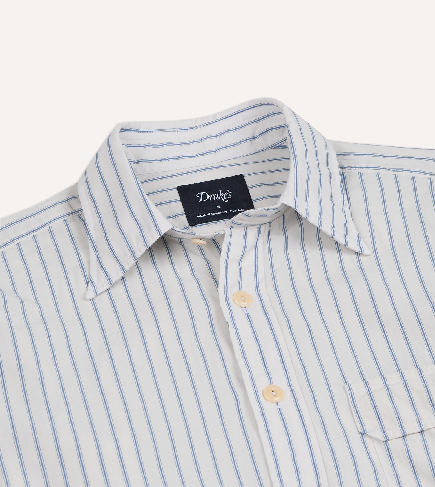 White and Blue Stripe Linen-Cotton Long Point Collar Shirt
