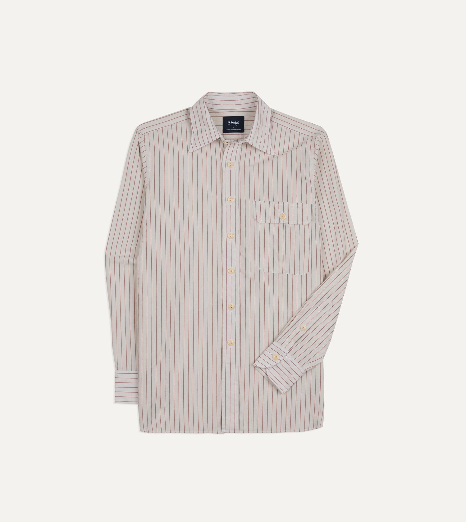 Ecru and Red Pencil Stripe Linen-Cotton Long Point Collar Shirt