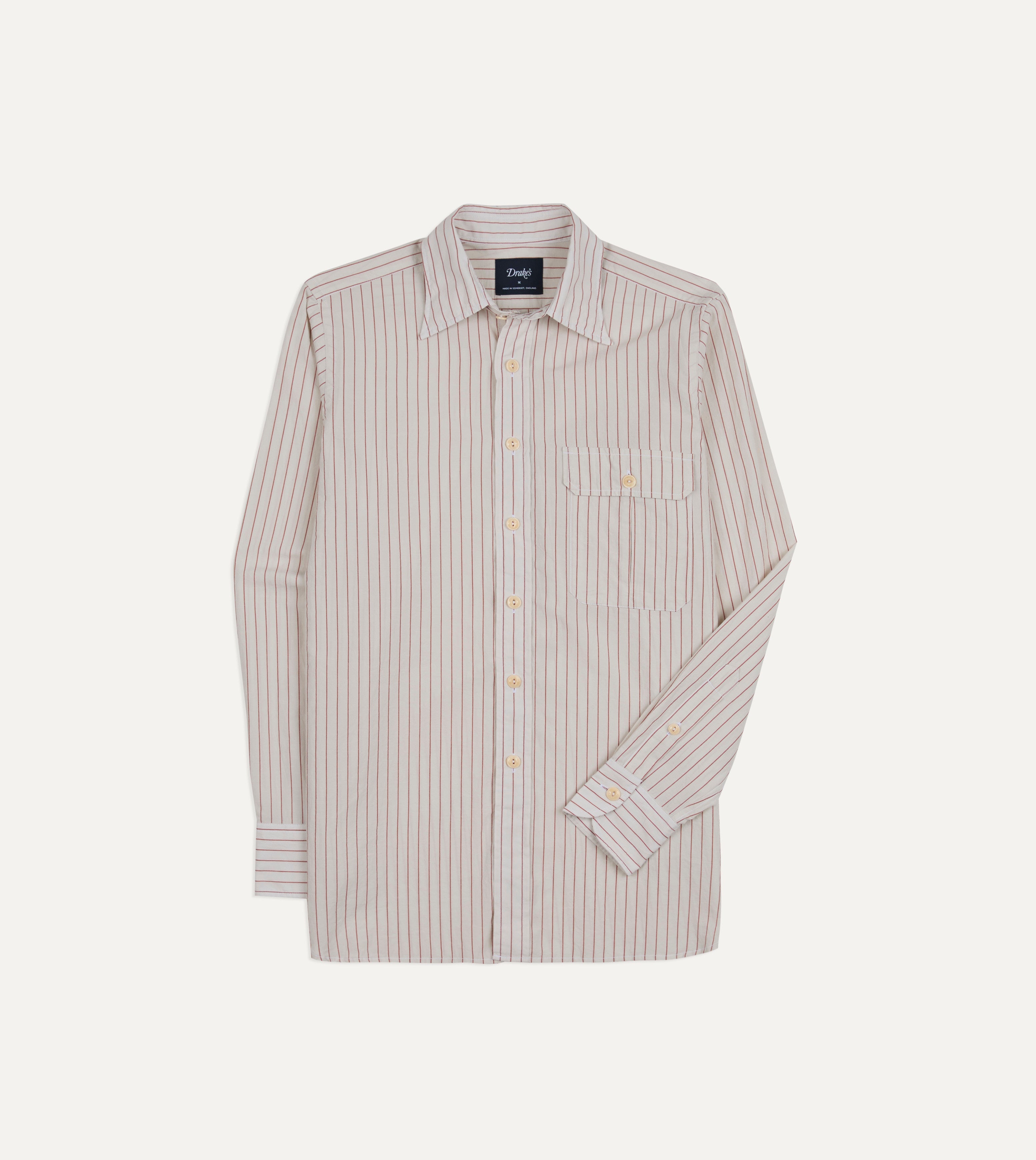 Ecru and Red Pencil Stripe Linen-Cotton Long Point Collar Shirt