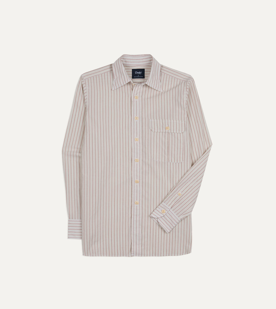 Ecru and Red Pencil Stripe Linen-Cotton Long Point Collar Shirt