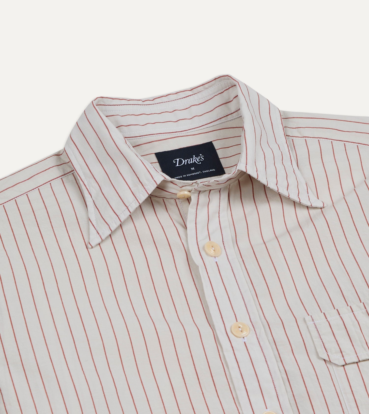 Ecru and Red Pencil Stripe Linen-Cotton Long Point Collar Shirt