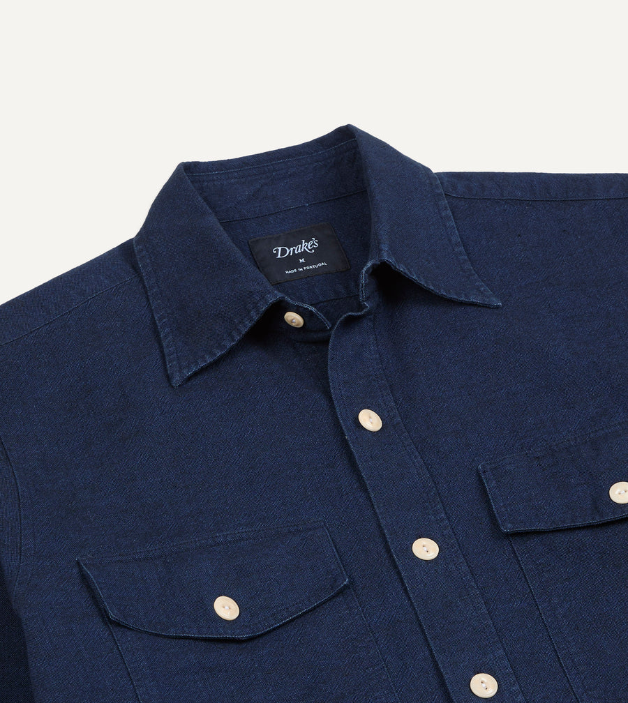 Indigo Cotton Long Point Collar Work Shirt