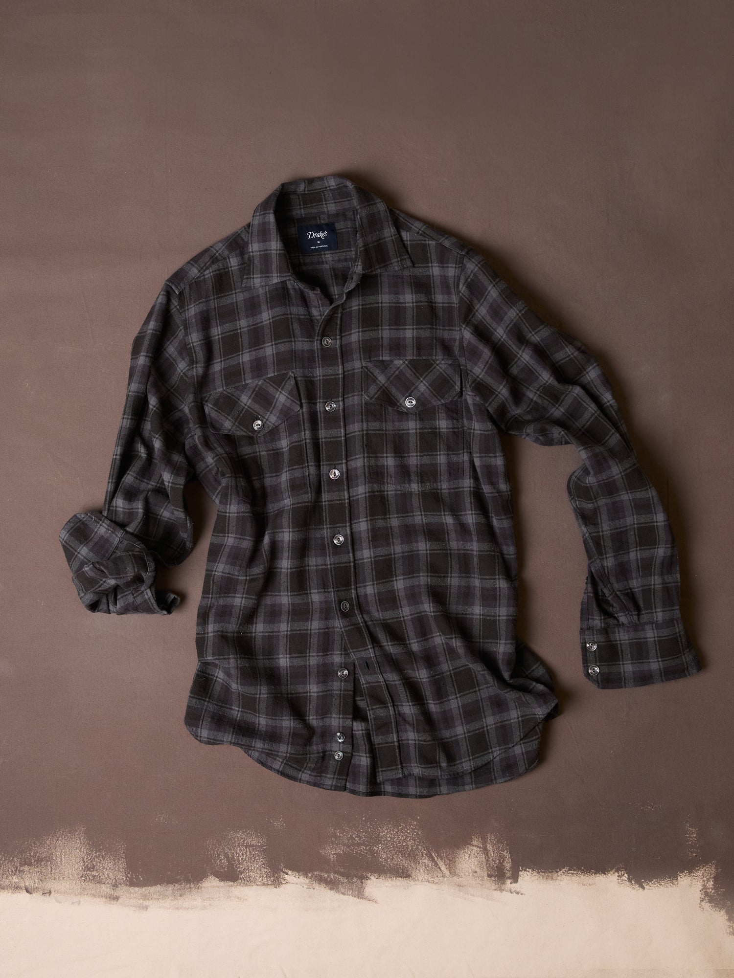 Grey Check Cotton-Silk Two-Pocket Long Point Collar Work Shirt
