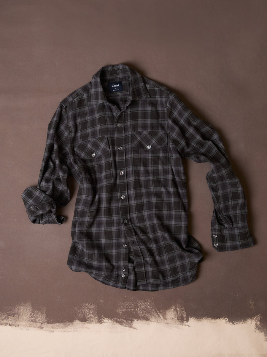 Grey Check Cotton-Silk Two-Pocket Long Point Collar Work Shirt