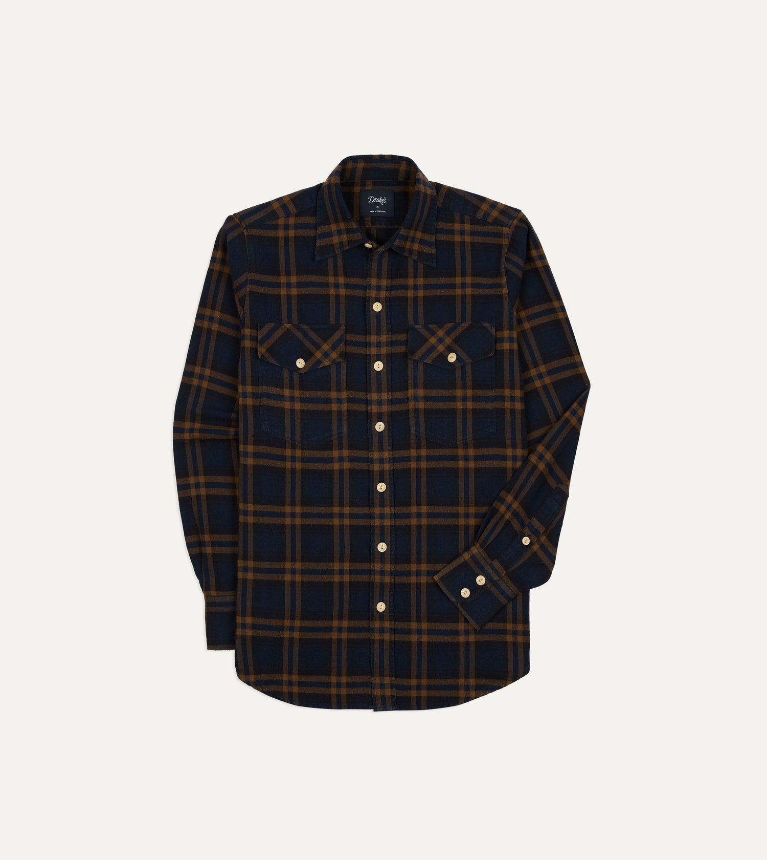 Navy and Brown Check Cotton-Silk Two-Pocket Long Point Collar Work Shirt