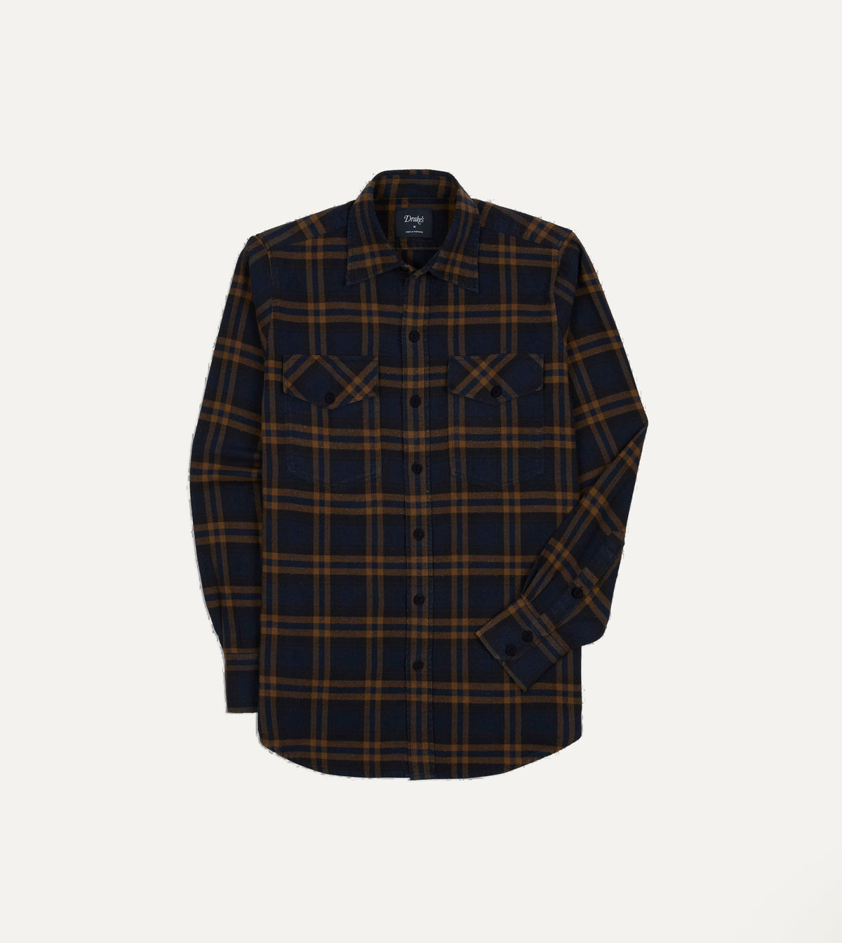 Navy and Brown Check Cotton-Silk Two-Pocket Long Point Collar Work Shirt
