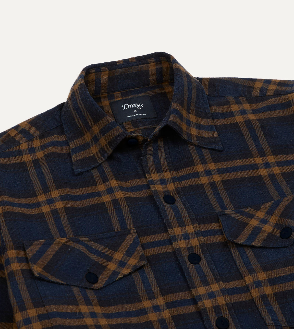 Navy and Brown Check Cotton-Silk Two-Pocket Long Point Collar Work Shirt