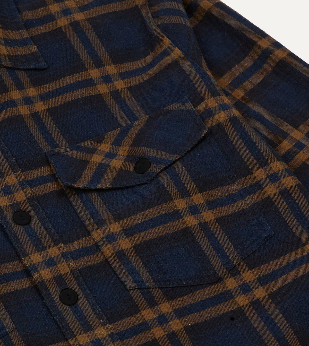Navy and Brown Check Cotton-Silk Two-Pocket Long Point Collar Work Shirt