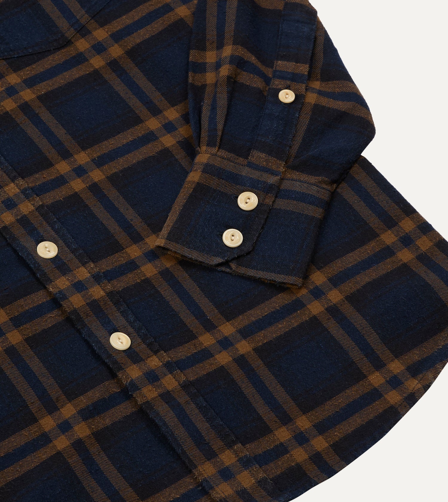 Navy and Brown Check Cotton-Silk Two-Pocket Long Point Collar Work Shirt