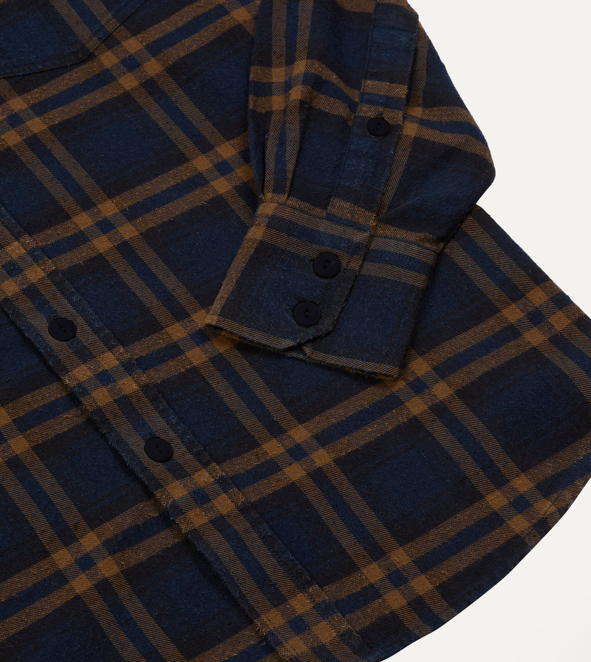 Navy and Brown Check Cotton-Silk Two-Pocket Long Point Collar Work Shirt