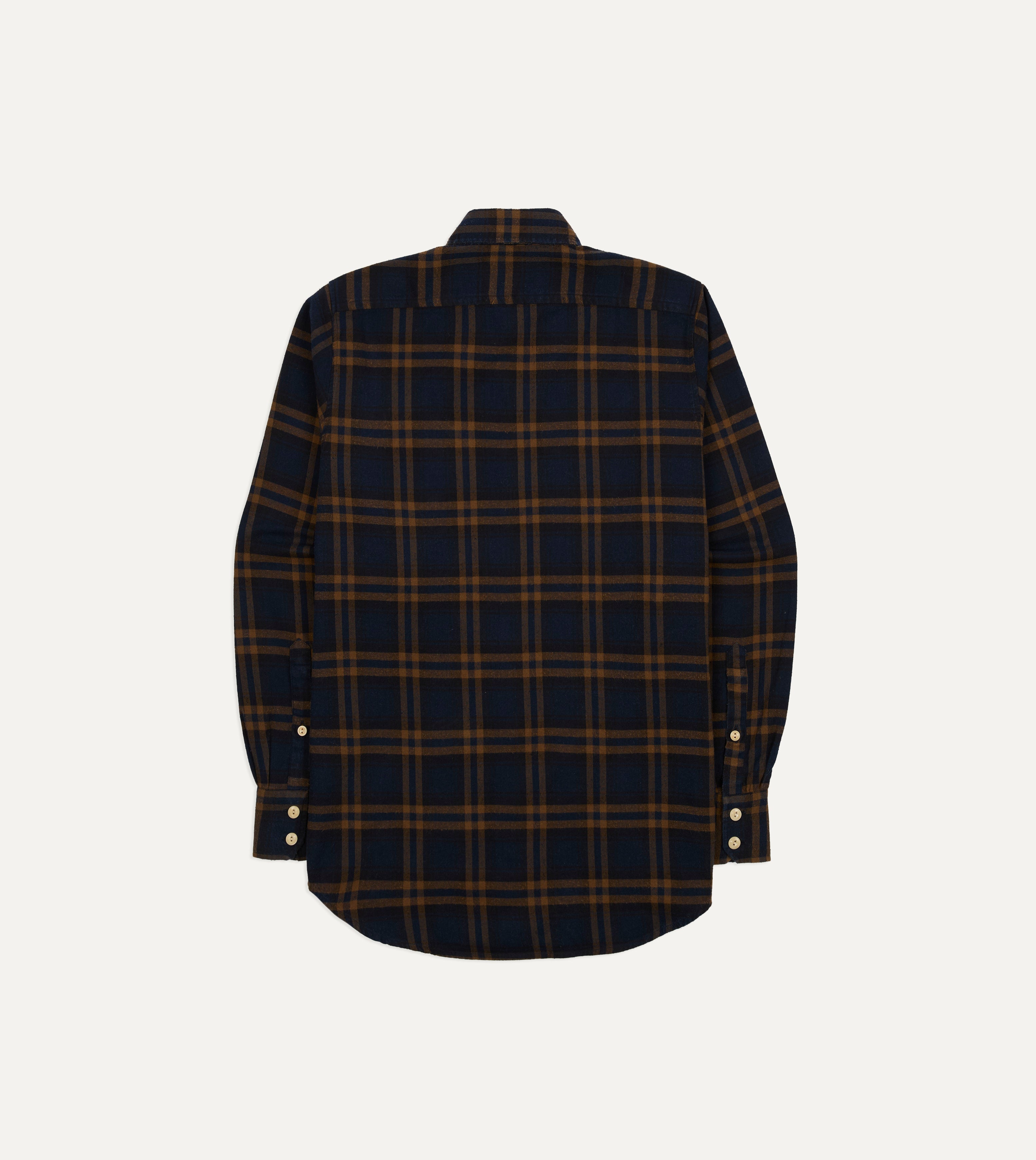 Navy and Brown Check Cotton-Silk Two-Pocket Long Point Collar Work Shirt