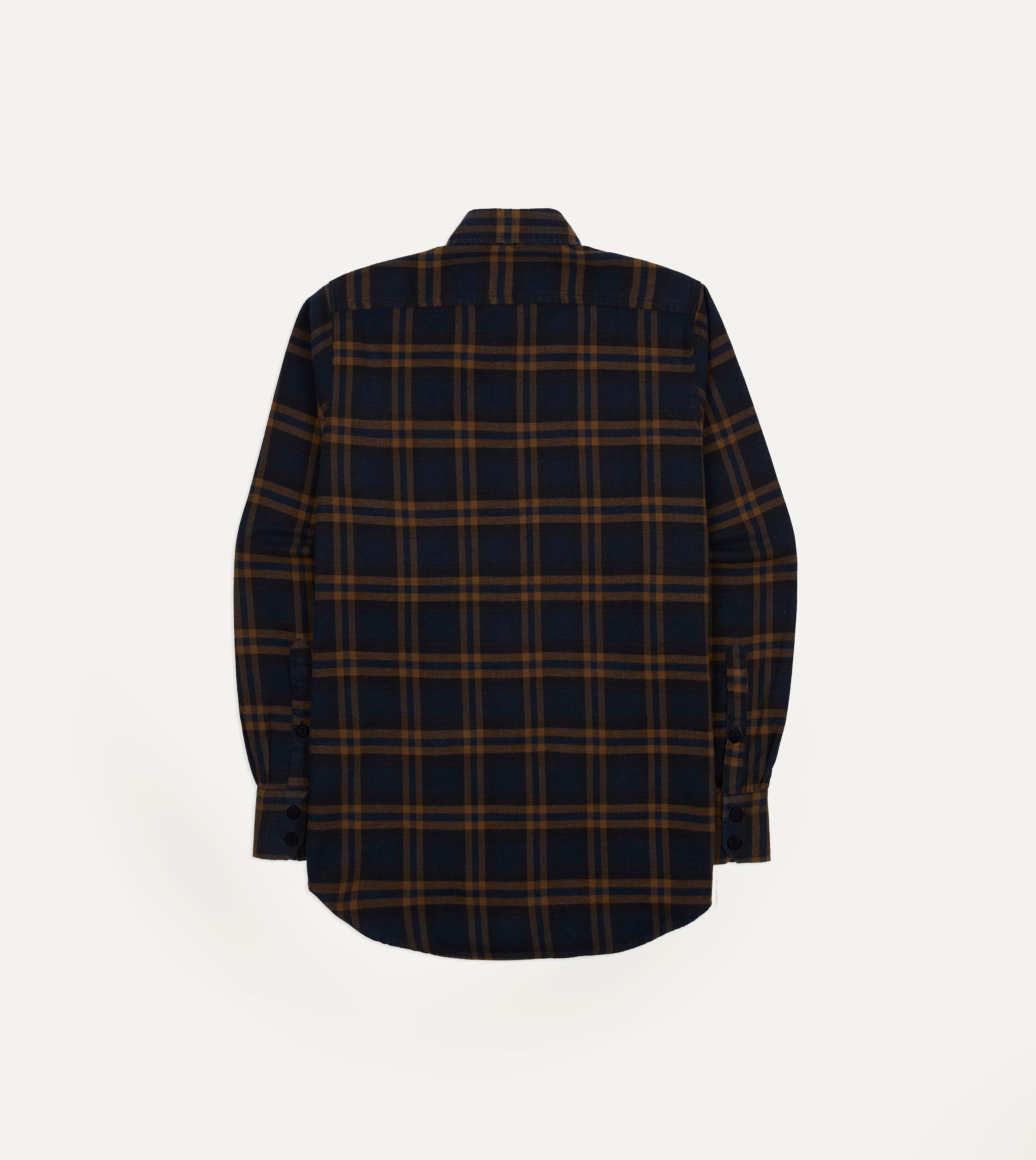 Navy and Brown Check Cotton-Silk Two-Pocket Long Point Collar Work Shirt