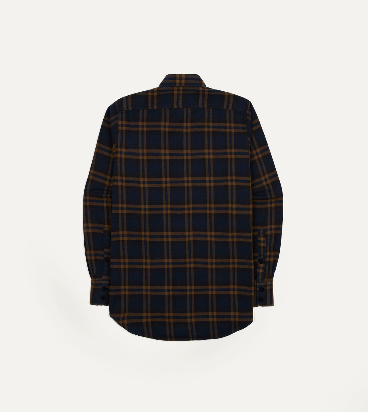 Navy and Brown Check Cotton-Silk Two-Pocket Long Point Collar Work Shirt