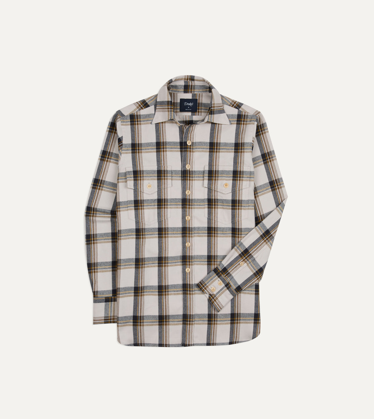 Ecru, Brown and Navy Check Cotton Two-Pocket Long Point Collar Work Shirt