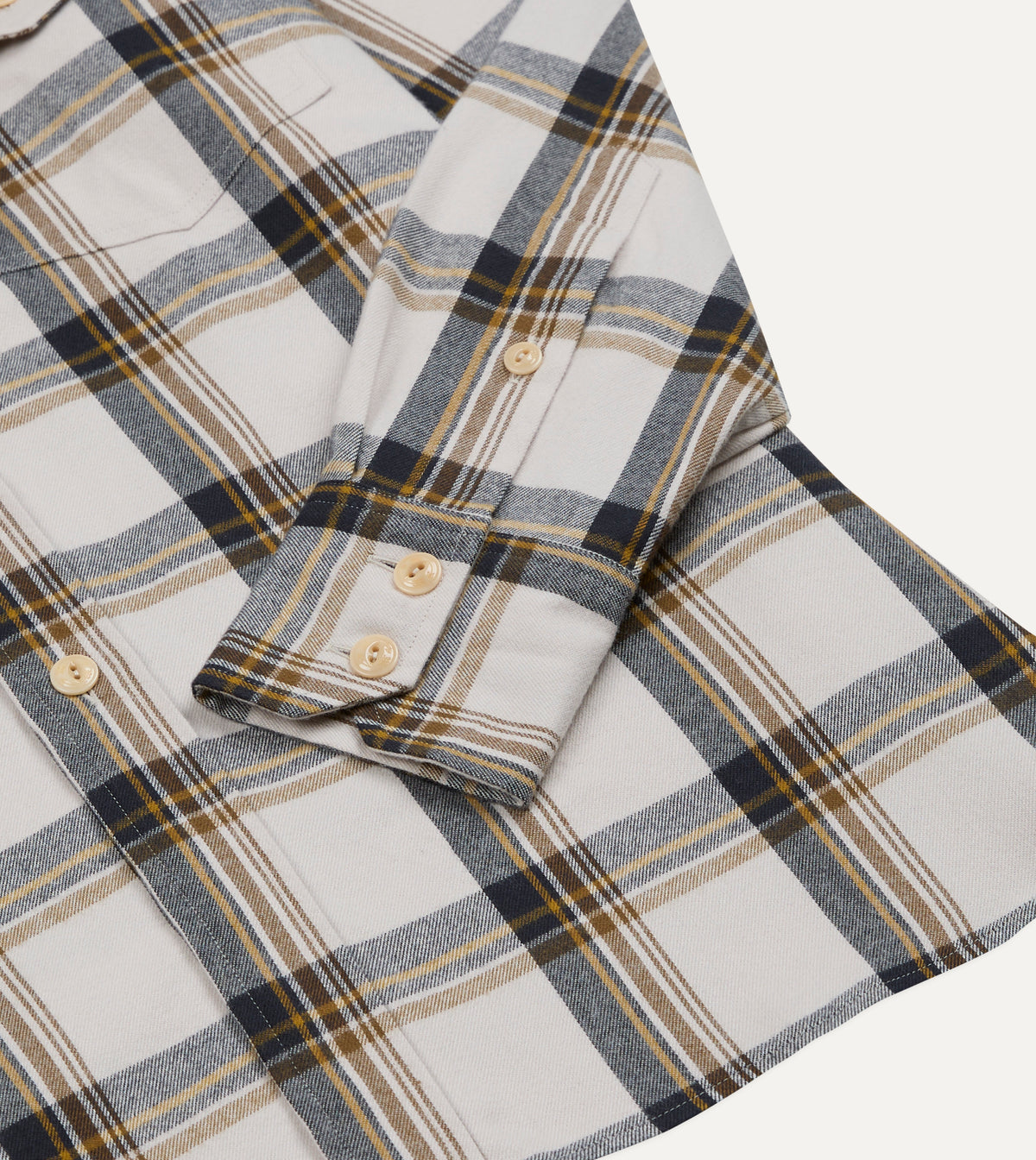 Ecru, Brown and Navy Check Cotton Two-Pocket Long Point Collar Work Shirt