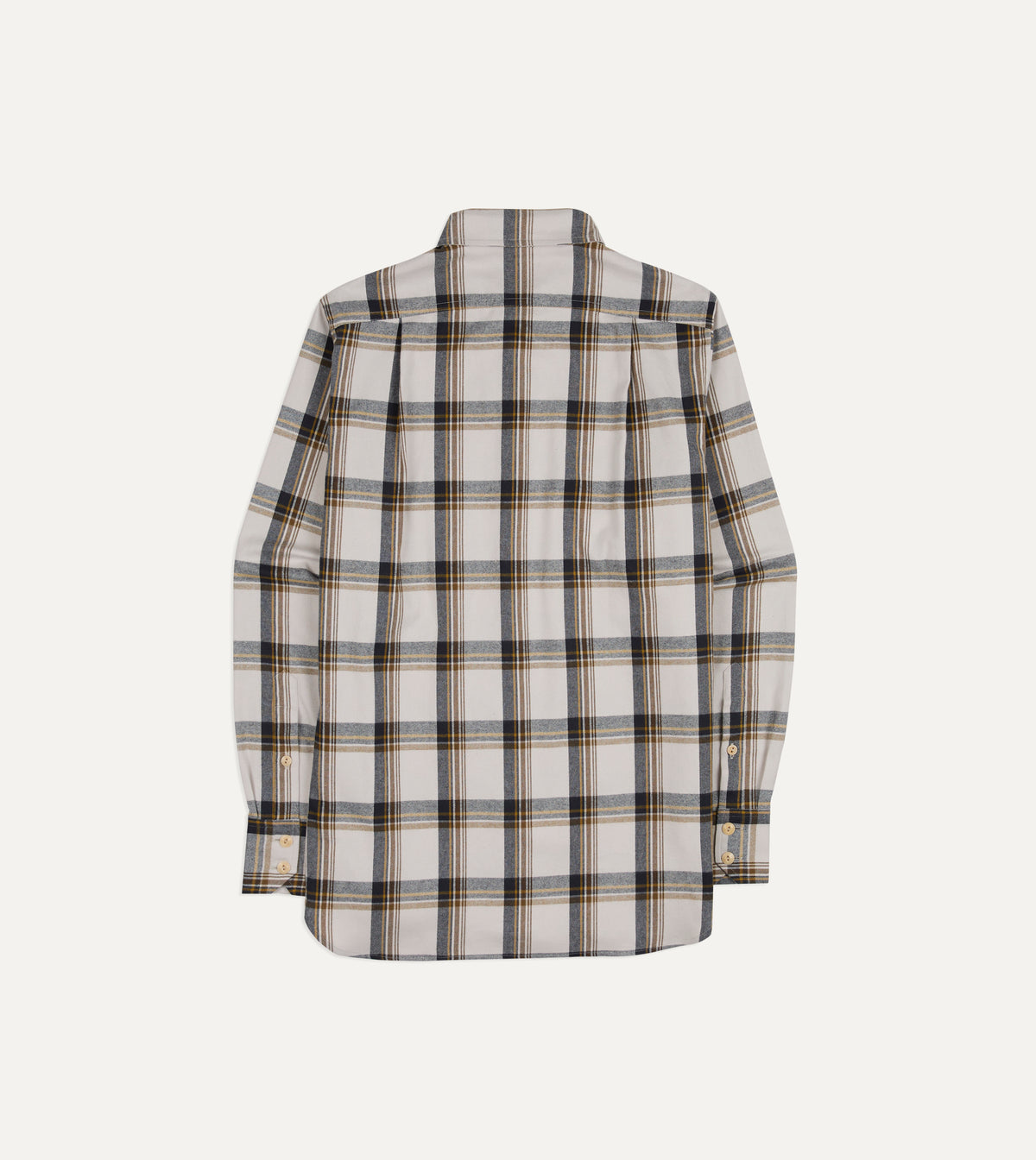 Ecru, Brown and Navy Check Cotton Two-Pocket Long Point Collar Work Shirt