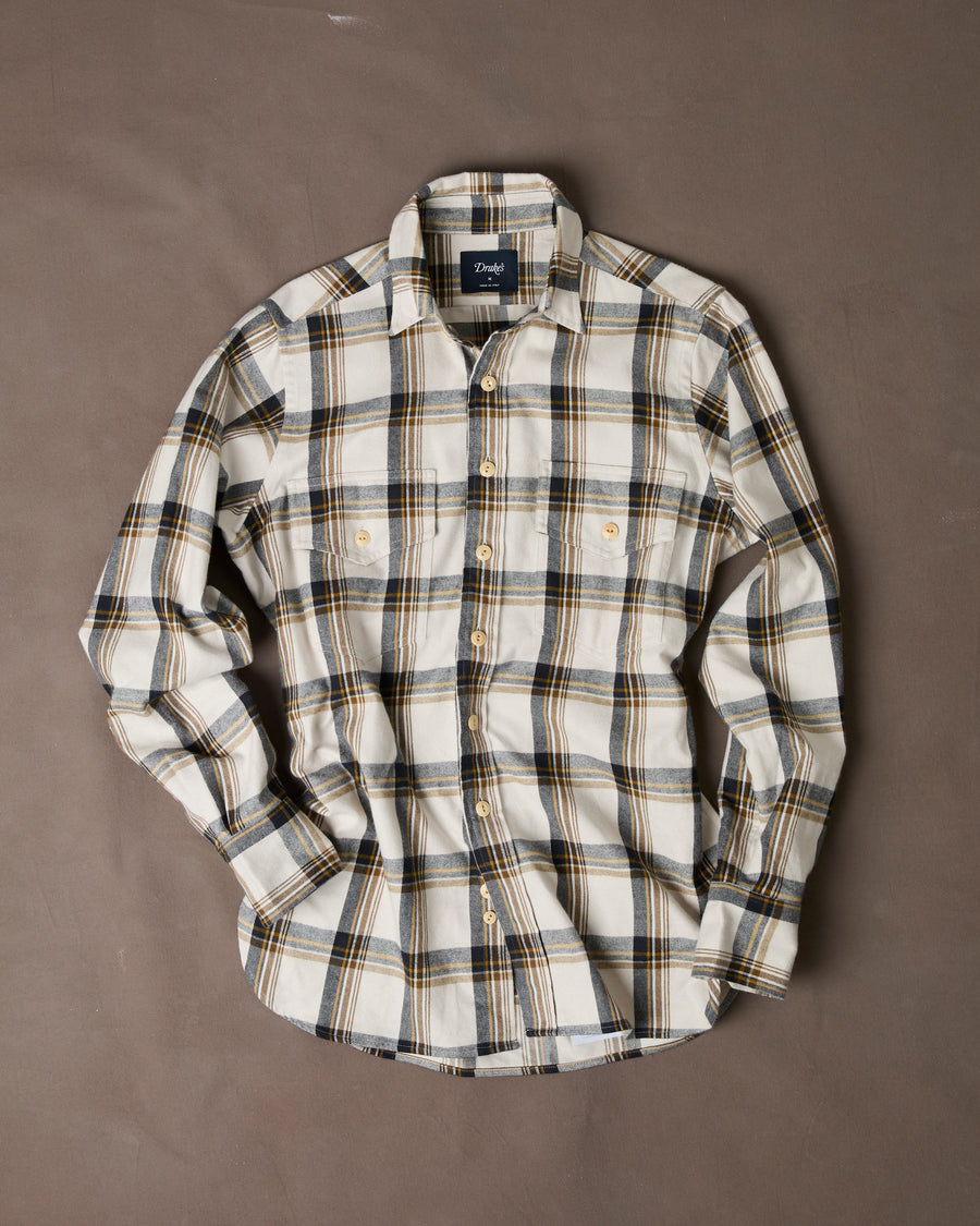 Ecru, Brown and Navy Check Cotton Two-Pocket Long Point Collar Work Shirt