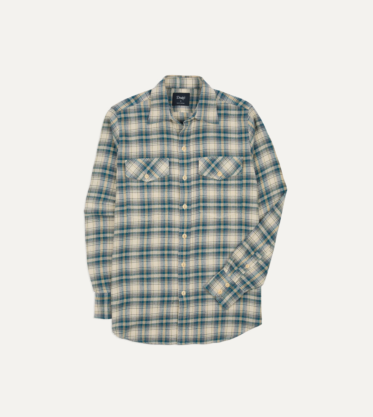 Light Blue Check Cotton Two-Pocket Long Point Collar Work Shirt