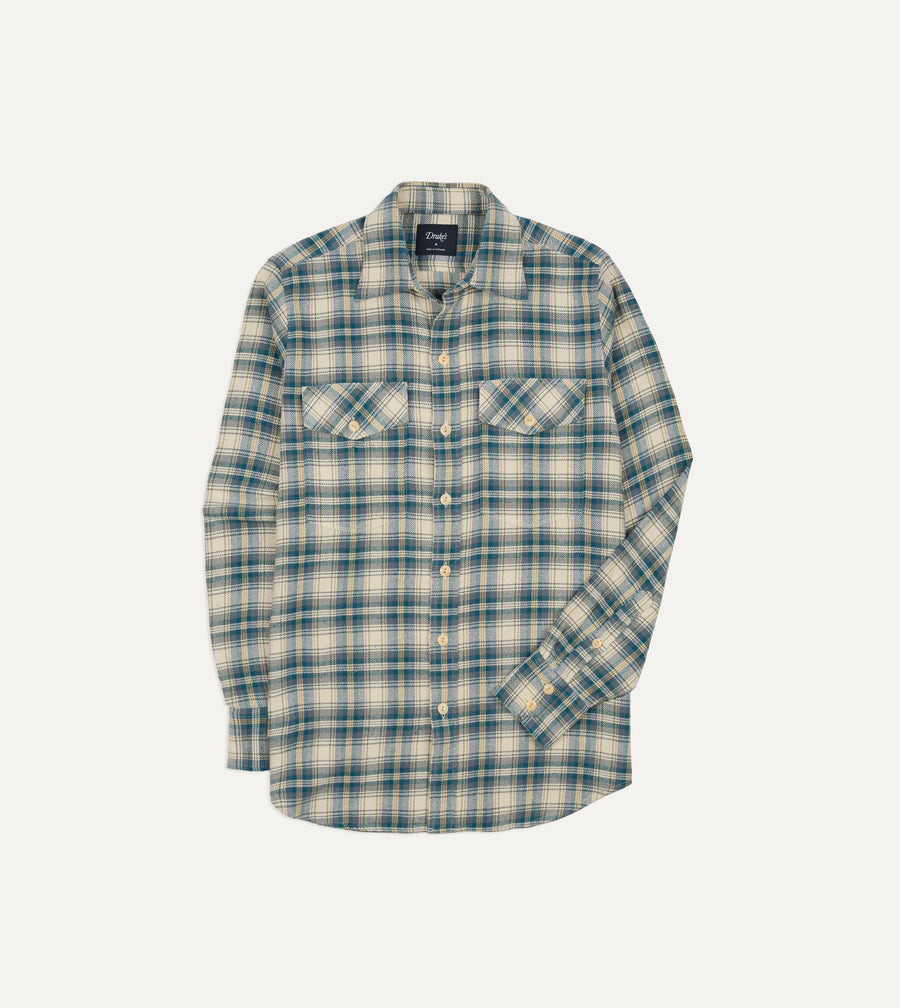 Light Blue Check Cotton Two-Pocket Long Point Collar Work Shirt