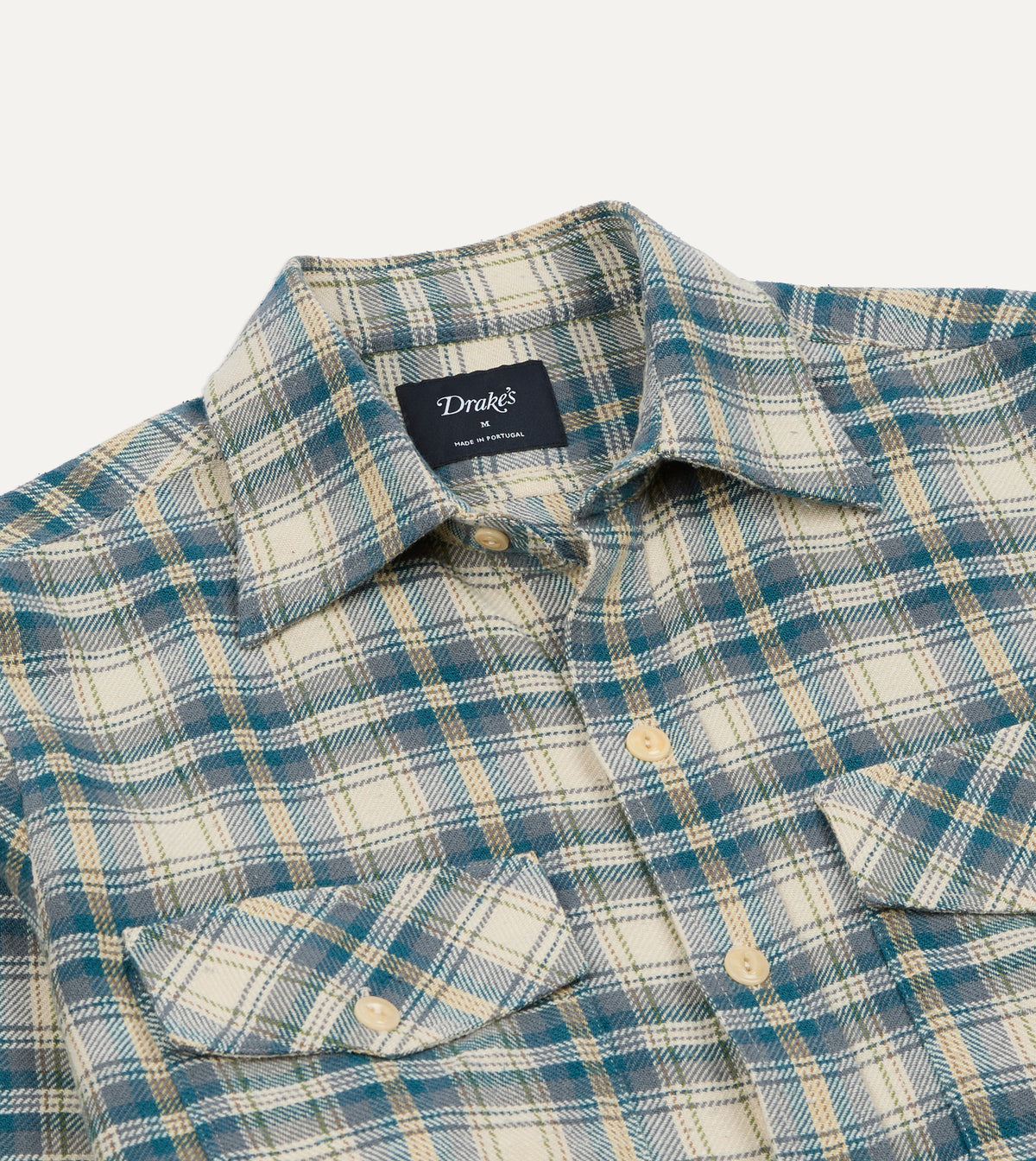 Light Blue Check Cotton Two-Pocket Long Point Collar Work Shirt
