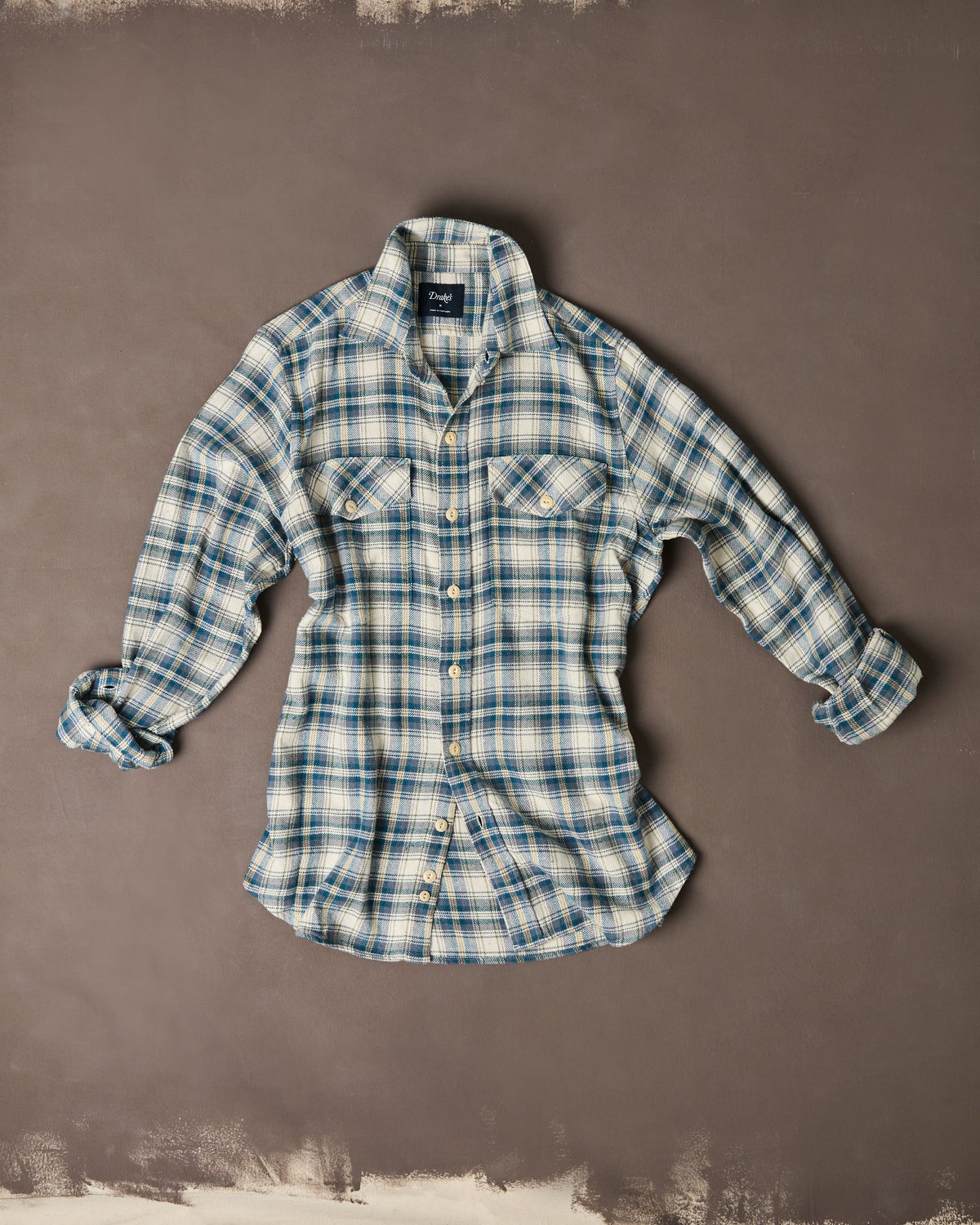 Light Blue Check Cotton Two-Pocket Long Point Collar Work Shirt
