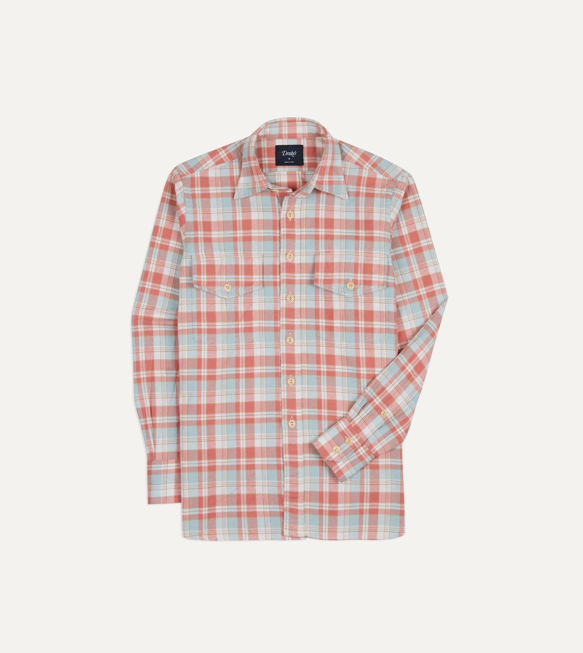 Pink and Blue Check Cotton Two-Pocket Long Point Collar Work Shirt
