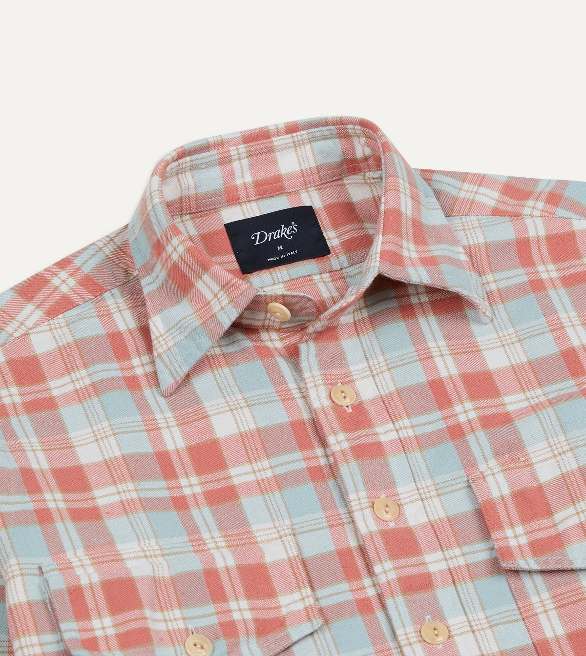 Pink and Blue Check Cotton Two-Pocket Long Point Collar Work Shirt