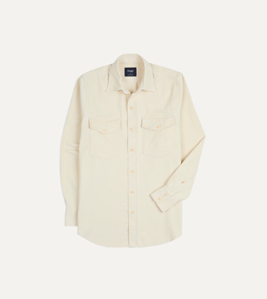 Ecru Corduroy Two-Pocket Long Point Collar Work Shirt