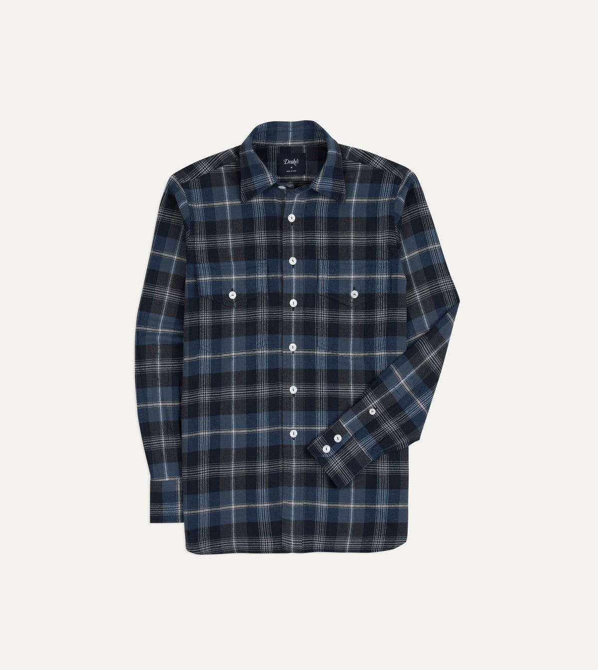 Navy Check Cotton Two-Pocket Long Point Collar Work Shirt